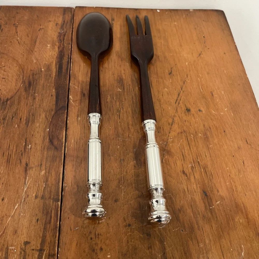 Antique STERLING & TEAK MID CENTURY MODERN SALAD Serving Set - FORK & SPOON